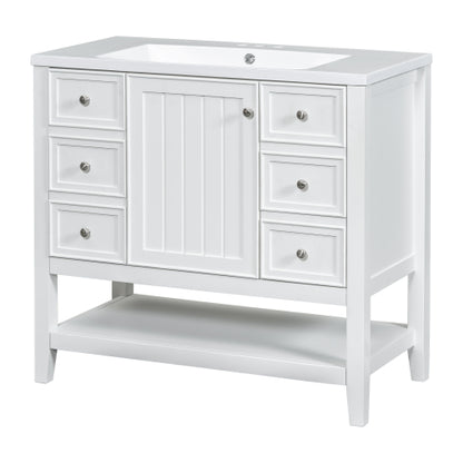 36" Bathroom Vanity with Sink, One Cabinet and Three Drawers, Solid Wood and MDF Board, White (Old Sku:SY999505AAK-6)