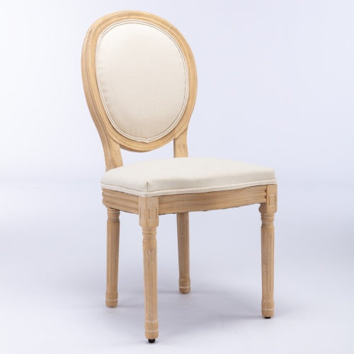 Set of 2 Beige French Carved Solid Wood Linen Dining Chairs, Antique Painted Frame 300 LBS Weight Limit