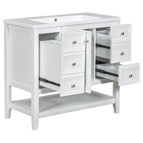 36" Bathroom Vanity with Sink, One Cabinet and Three Drawers, Solid Wood and MDF Board, White (Old Sku:SY999505AAK-6)