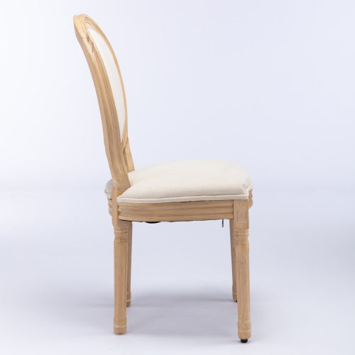 Set of 2 Beige French Carved Solid Wood Linen Dining Chairs, Antique Painted Frame 300 LBS Weight Limit