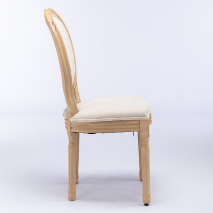Set of 2 Beige French Carved Solid Wood Linen Dining Chairs, Antique Painted Frame 300 LBS Weight Limit