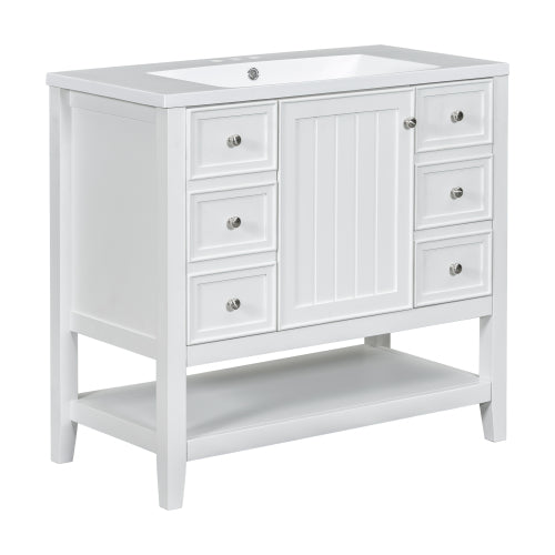 36" Bathroom Vanity with Sink, One Cabinet and Three Drawers, Solid Wood and MDF Board, White (Old Sku:SY999505AAK-6)