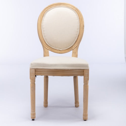 Set of 2 Beige French Carved Solid Wood Linen Dining Chairs, Antique Painted Frame 300 LBS Weight Limit