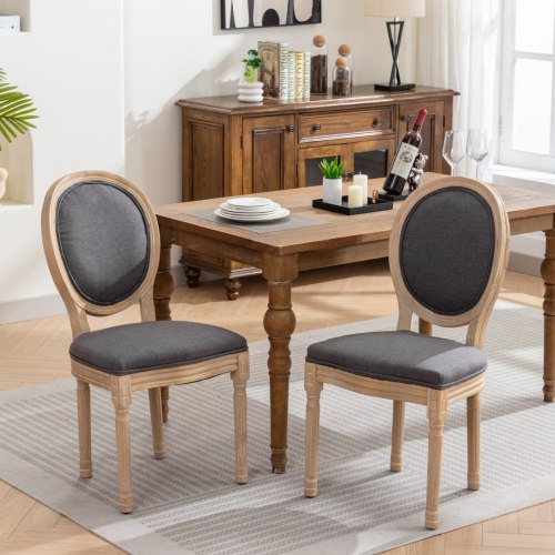 Set of 2 Dark Gray French Carved Solid Wood Linen Dining Chairs, Antique Painted Frame 300 LBS Capacity