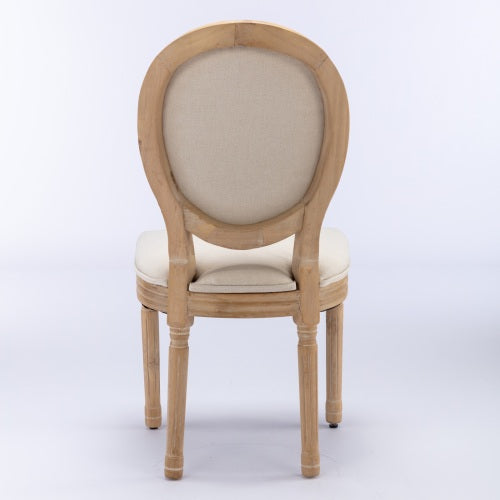 Set of 2 Beige French Carved Solid Wood Linen Dining Chairs, Antique Painted Frame 300 LBS Weight Limit