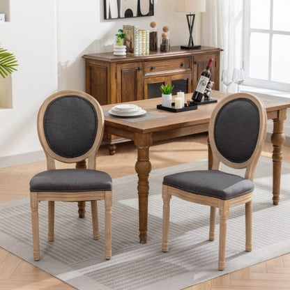 Set of 2 Dark Gray French Carved Solid Wood Linen Dining Chairs, Antique Painted Frame 300 LBS Capacity