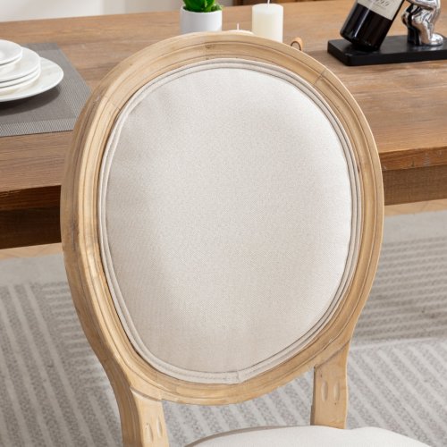 Set of 2 Beige French Carved Solid Wood Linen Dining Chairs, Antique Painted Frame 300 LBS Weight Limit