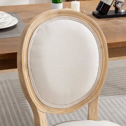 Set of 2 Beige French Carved Solid Wood Linen Dining Chairs, Antique Painted Frame 300 LBS Weight Limit