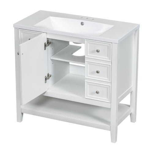 36" Bathroom Vanity with Sink, One Cabinet and Three Drawers, Solid Wood and MDF Board, White (Old Sku:SY999505AAK-6)
