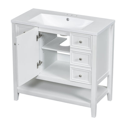36" Bathroom Vanity with Sink, One Cabinet and Three Drawers, Solid Wood and MDF Board, White (Old Sku:SY999505AAK-6)