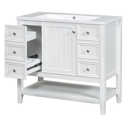 36" Bathroom Vanity with Sink, One Cabinet and Three Drawers, Solid Wood and MDF Board, White (Old Sku:SY999505AAK-6)