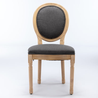 Set of 2 Dark Gray French Carved Solid Wood Linen Dining Chairs, Antique Painted Frame 300 LBS Capacity