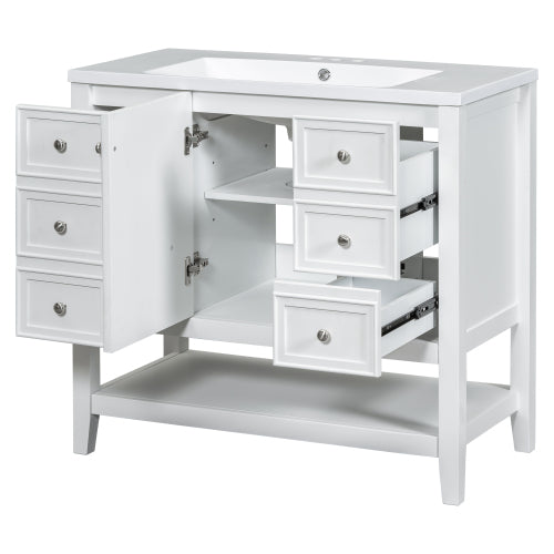 36" Bathroom Vanity with Sink, One Cabinet and Three Drawers, Solid Wood and MDF Board, White (Old Sku:SY999505AAK-6)