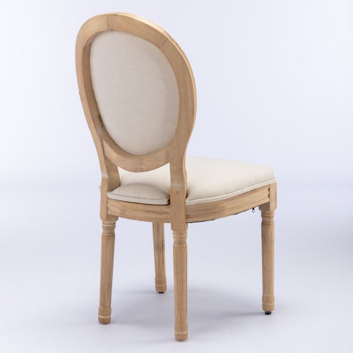 Set of 2 Beige French Carved Solid Wood Linen Dining Chairs, Antique Painted Frame 300 LBS Weight Limit