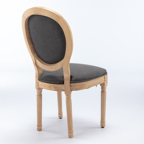 Set of 2 Dark Gray French Carved Solid Wood Linen Dining Chairs, Antique Painted Frame 300 LBS Capacity