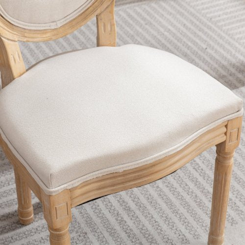 Set of 2 Beige French Carved Solid Wood Linen Dining Chairs, Antique Painted Frame 300 LBS Weight Limit