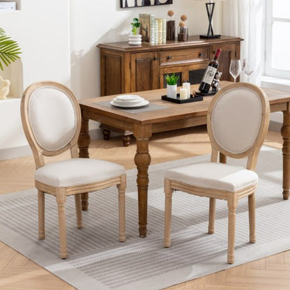 Set of 2 Beige French Carved Solid Wood Linen Dining Chairs, Antique Painted Frame 300 LBS Weight Limit