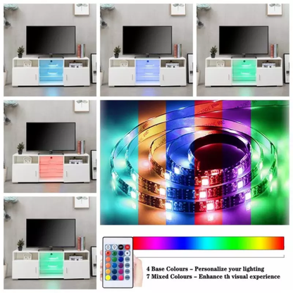 57.1 Inch Modern White LED TV Stand with Adjustable Glass Shelves & Large Drawer for 60 Inch TV