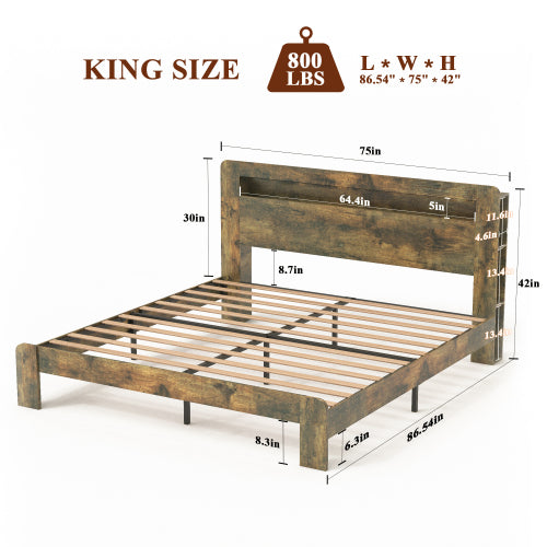 Bed Frame King Size, Wood Platform Bed Frame with Storage LED Light Headboard and 2 USB , Noise Free,No Box Spring Needed and Easy Assembly Tool,Large Under Bed Storage,Dark Brown