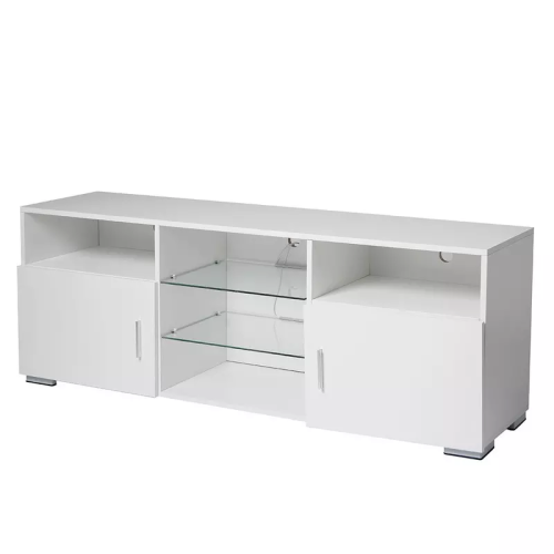57.1 Inch Modern White LED TV Stand with Adjustable Glass Shelves & Large Drawer for 60 Inch TV