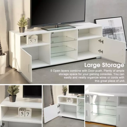 57.1 Inch Modern White LED TV Stand with Adjustable Glass Shelves & Large Drawer for 60 Inch TV