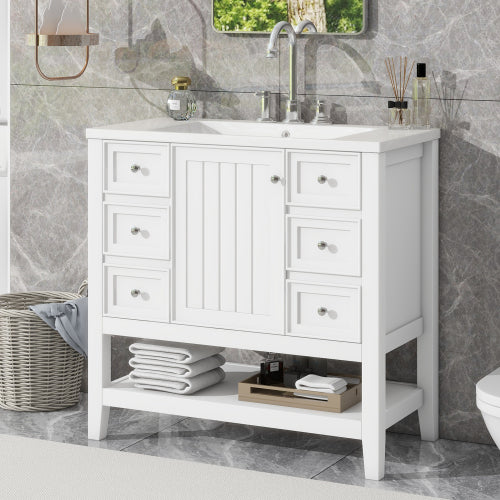 36" Bathroom Vanity with Sink, One Cabinet and Three Drawers, Solid Wood and MDF Board, White (Old Sku:SY999505AAK-6)