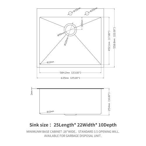 25 x 22 x 10 inch Drop in Kitchen Sink Gunmetal Black Topmount 16 Gauge Deep Single Bowl Stainless Steel Sink Basin