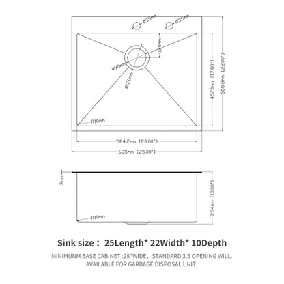 25 x 22 x 10 inch Drop in Kitchen Sink Gunmetal Black Topmount 16 Gauge Deep Single Bowl Stainless Steel Sink Basin