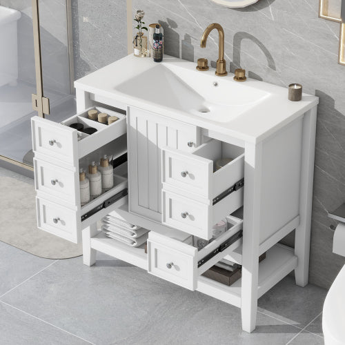 36" Bathroom Vanity with Sink, One Cabinet and Three Drawers, Solid Wood and MDF Board, White (Old Sku:SY999505AAK-6)