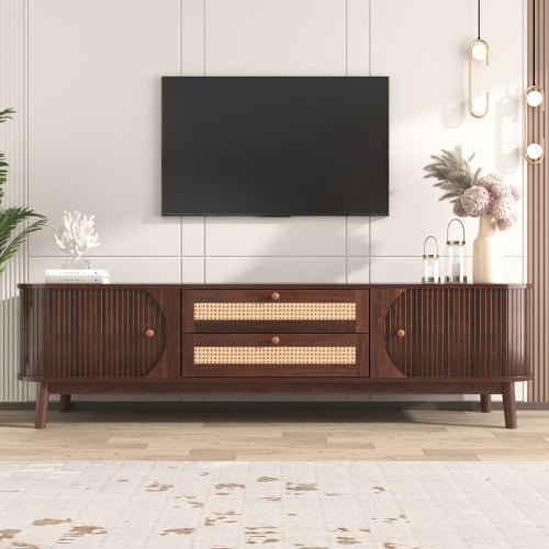 Modern Farmhouse Rattan TV Stand Fits Up To 75 Inch TV With Cable Hole