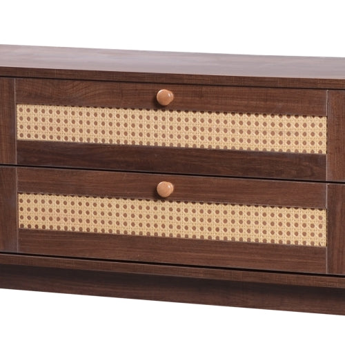 Modern Farmhouse Rattan TV Stand Fits Up To 75 Inch TV With Cable Hole
