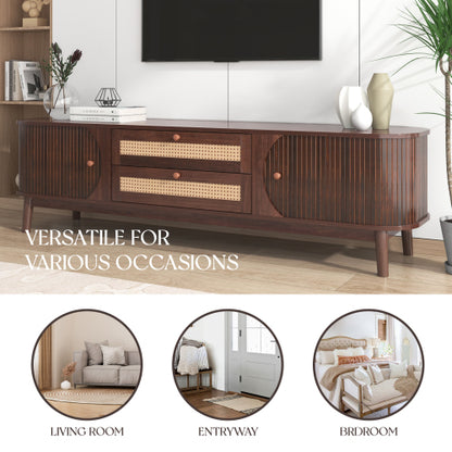 Modern Farmhouse Rattan TV Stand Fits Up To 75 Inch TV With Cable Hole