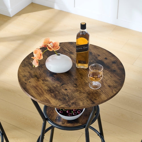 Round bar table and stool set with shelf, upholstered stool with backrest, Rustic Brown, 24.17inch W x 24.17inch D x 36.02inch H