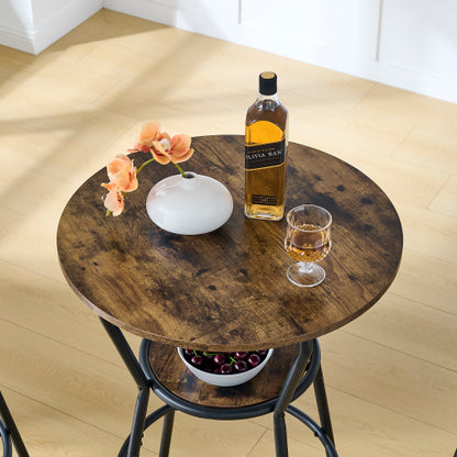 Round bar table and stool set with shelf, upholstered stool with backrest, Rustic Brown, 24.17inch W x 24.17inch D x 36.02inch H