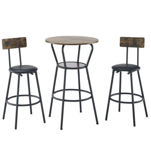 Round bar table and stool set with shelf, upholstered stool with backrest, Rustic Brown, 24.17inch W x 24.17inch D x 36.02inch H