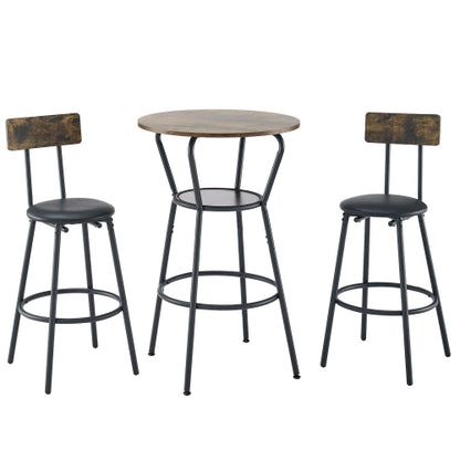 Round bar table and stool set with shelf, upholstered stool with backrest, Rustic Brown, 24.17inch W x 24.17inch D x 36.02inch H