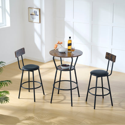 Round bar table and stool set with shelf, upholstered stool with backrest, Rustic Brown, 24.17inch W x 24.17inch D x 36.02inch H