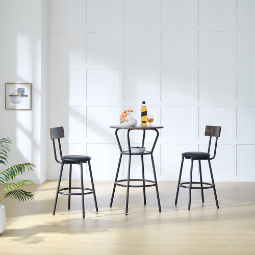 Round bar table and stool set with shelf, upholstered stool with backrest, Rustic Brown, 24.17inch W x 24.17inch D x 36.02inch H