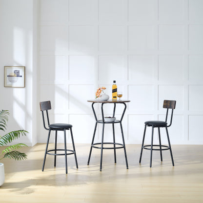 Round bar table and stool set with shelf, upholstered stool with backrest, Rustic Brown, 24.17inch W x 24.17inch D x 36.02inch H