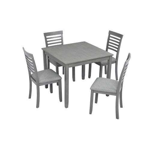 5-Piece Grey Wooden Dining Table Set for 4, Square Table & 4 Ladder Back Upholstered Chairs