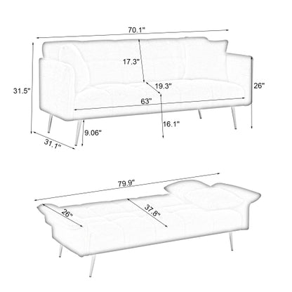 70.1 Inch Convertible Futon Sofa-Bed with Folding Armrests Teddy-Velvet Upholstery Wood-Frame for Living-Room Small-Spaces