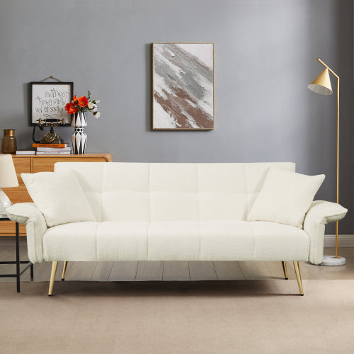 70.1 Inch Convertible Futon Sofa-Bed with Folding Armrests Teddy-Velvet Upholstery Wood-Frame for Living-Room Small-Spaces