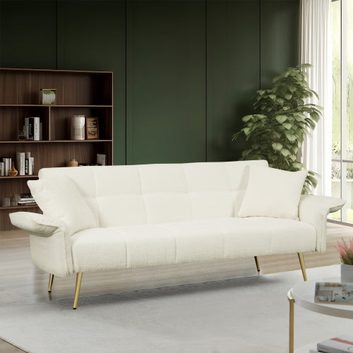 70.1 Inch Convertible Futon Sofa-Bed with Folding Armrests Teddy-Velvet Upholstery Wood-Frame for Living-Room Small-Spaces