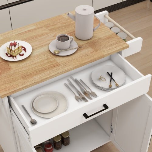 White Multifunctional Rolling Kitchen Cart With Seasoning Rack Adjustable Inner Shelves