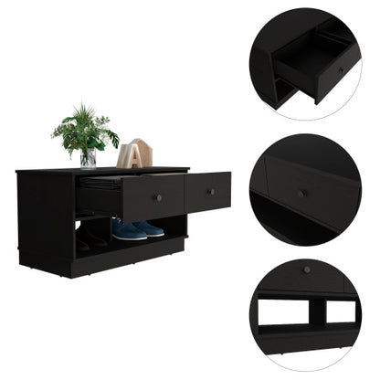 Storage Bench, Two Open Shelves, Two Drawers -Black