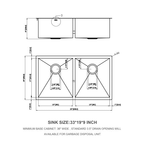 33x19x9 inch Undermount Double Bowl Kitchen Sink (50/50) in 16 Gauge Stainless Steel with 9 Inch Deep basin