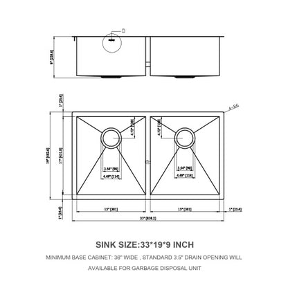 33x19x9 inch Undermount Double Bowl Kitchen Sink (50/50) in 16 Gauge Stainless Steel with 9 Inch Deep basin