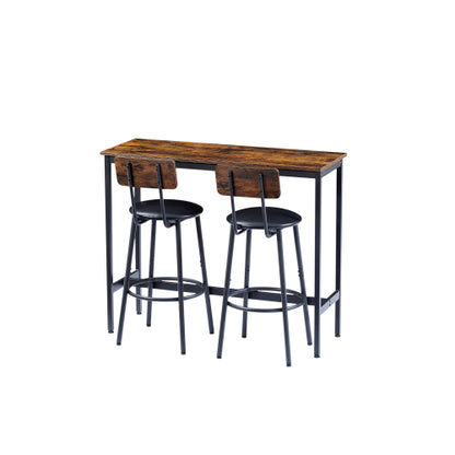 Bar Table Set with 2 Bar stools PU Soft seat with backrest, Rustic Brown, 43.31inch  L x 15.75inch  W x 35.43inch  H.