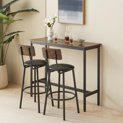 Bar Table Set with 2 Bar stools PU Soft seat with backrest, Rustic Brown, 43.31inch  L x 15.75inch  W x 35.43inch  H.