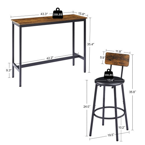 Bar Table Set with 2 Bar stools PU Soft seat with backrest, Rustic Brown, 43.31inch  L x 15.75inch  W x 35.43inch  H.